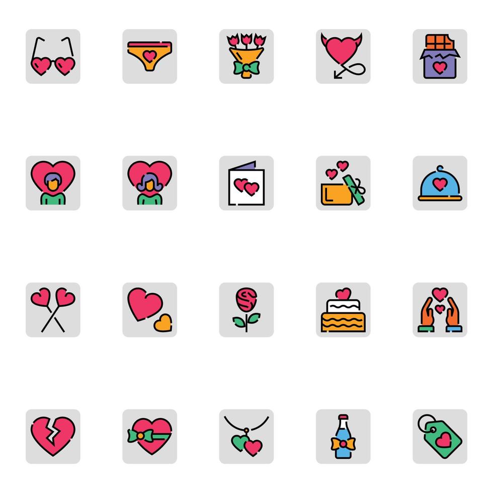 Filled color outline icons for Valentines day. vector