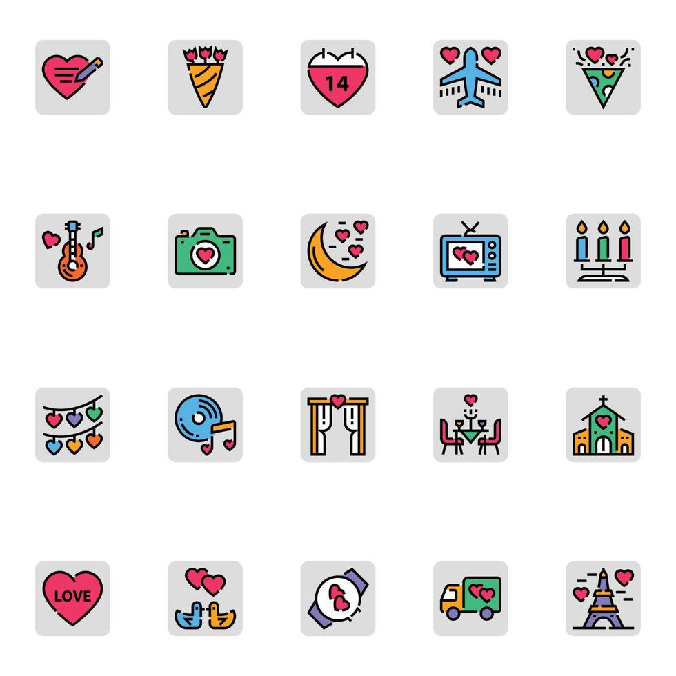 Filled color outline icons for Valentines day. vector