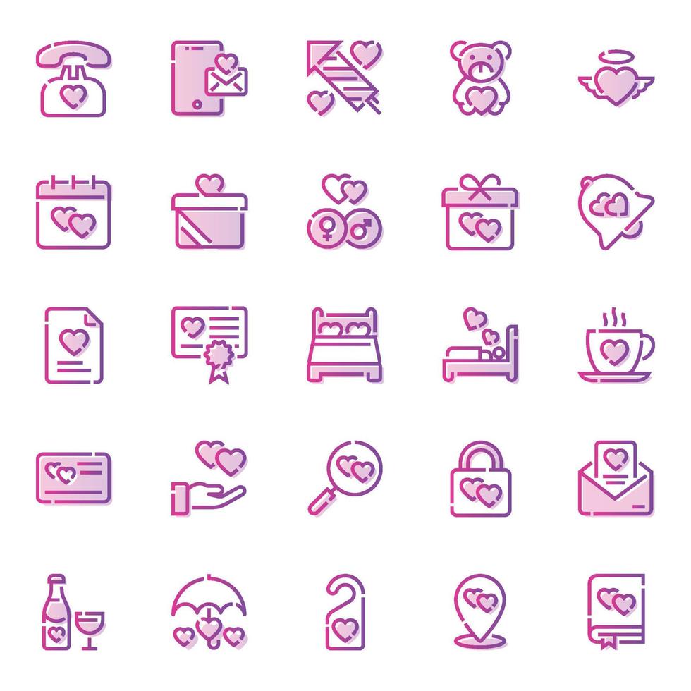 Gradient color outline icons for Valentines day. vector