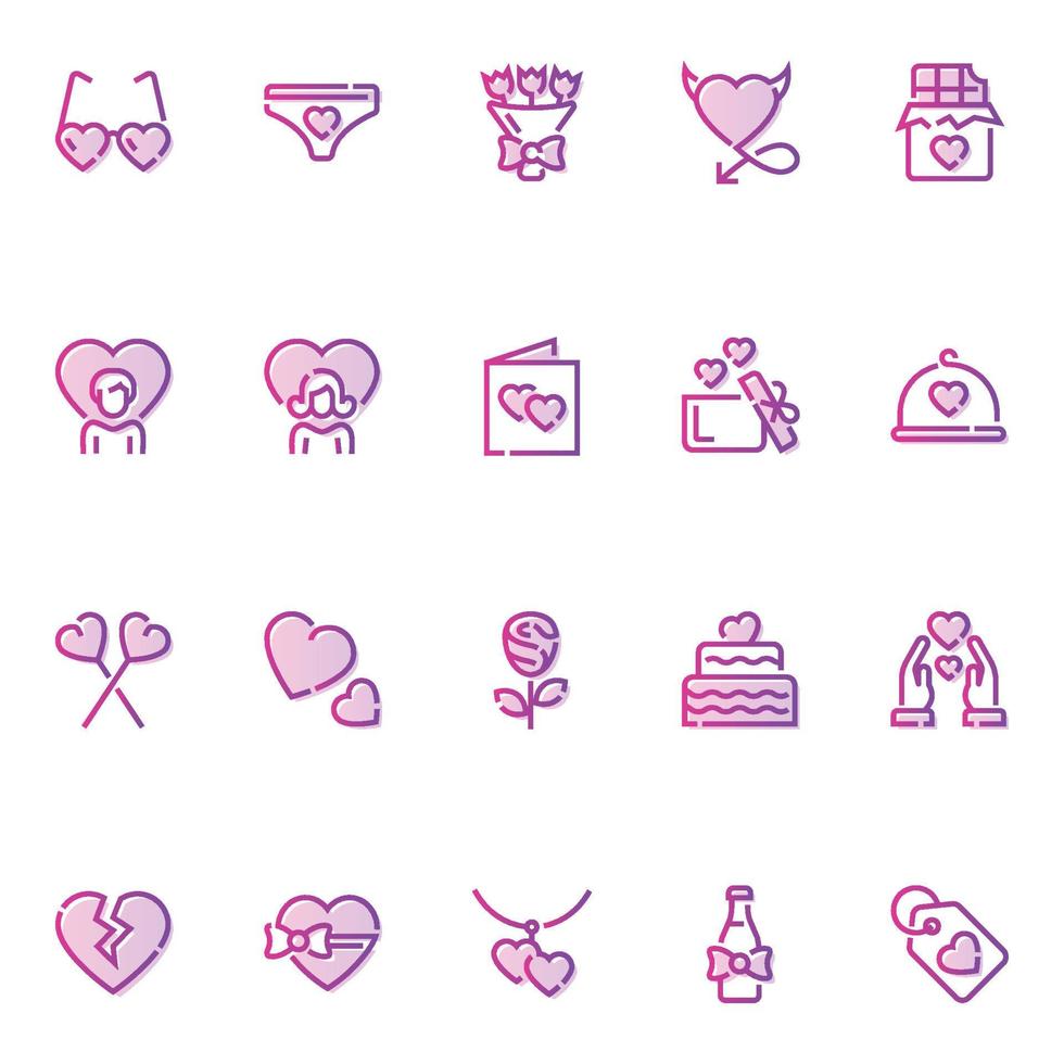 Gradient color outline icons for Valentines day. vector