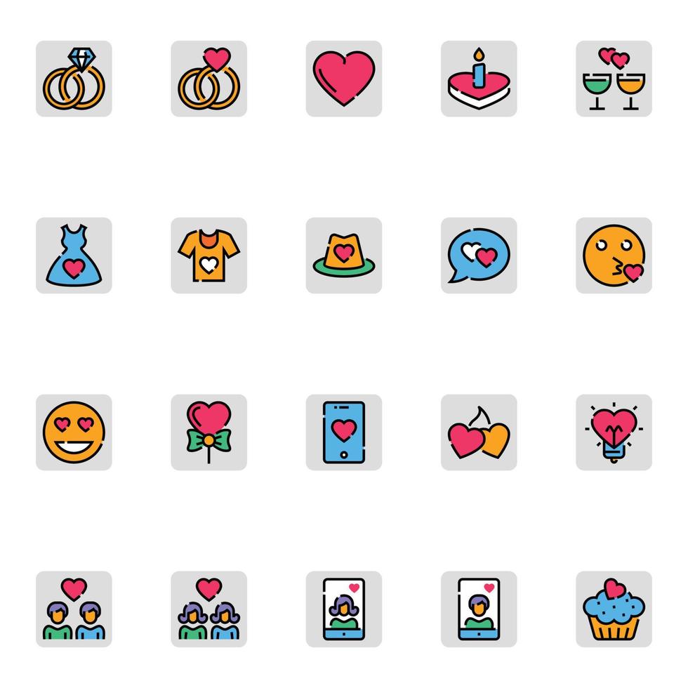 Filled color outline icons for Valentines day. vector