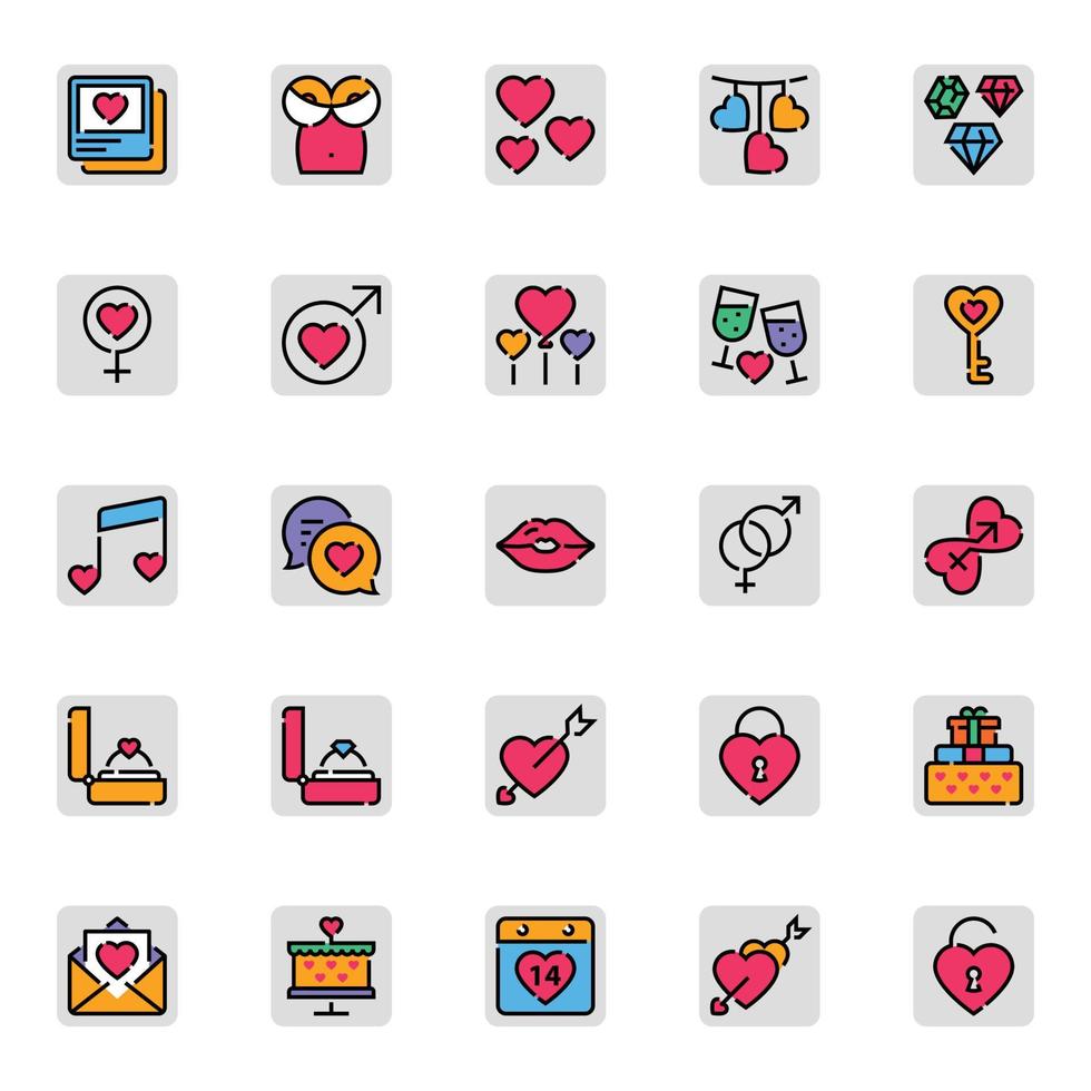Filled color outline icons for Valentines day. vector