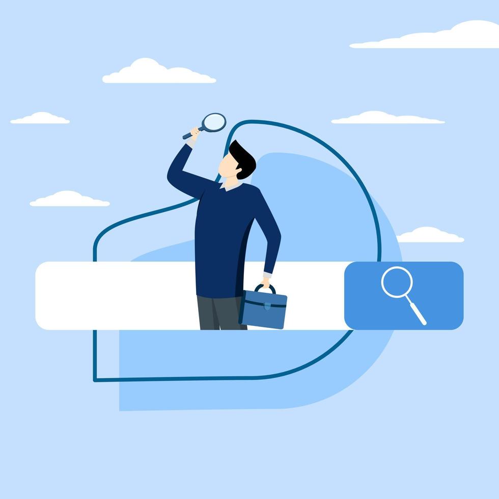 search engine optimization, find information, Search, discover or research, SEO, new job or explore website concept, businessman with magnifying glass find new website from search box. vector