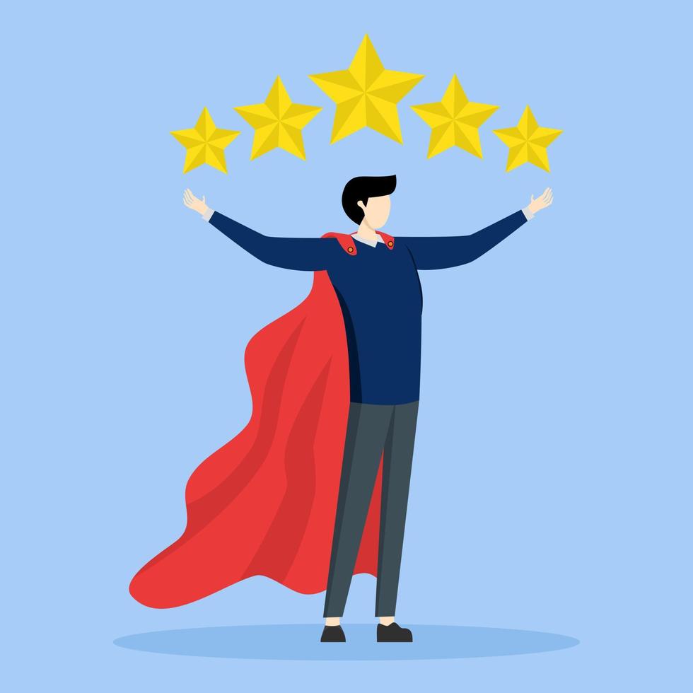 5 star expert, award winning or best rating concept, excellence or great service, professional quality and good reputation, businessman superhero bring big gold customer 5 star rating feedback. vector