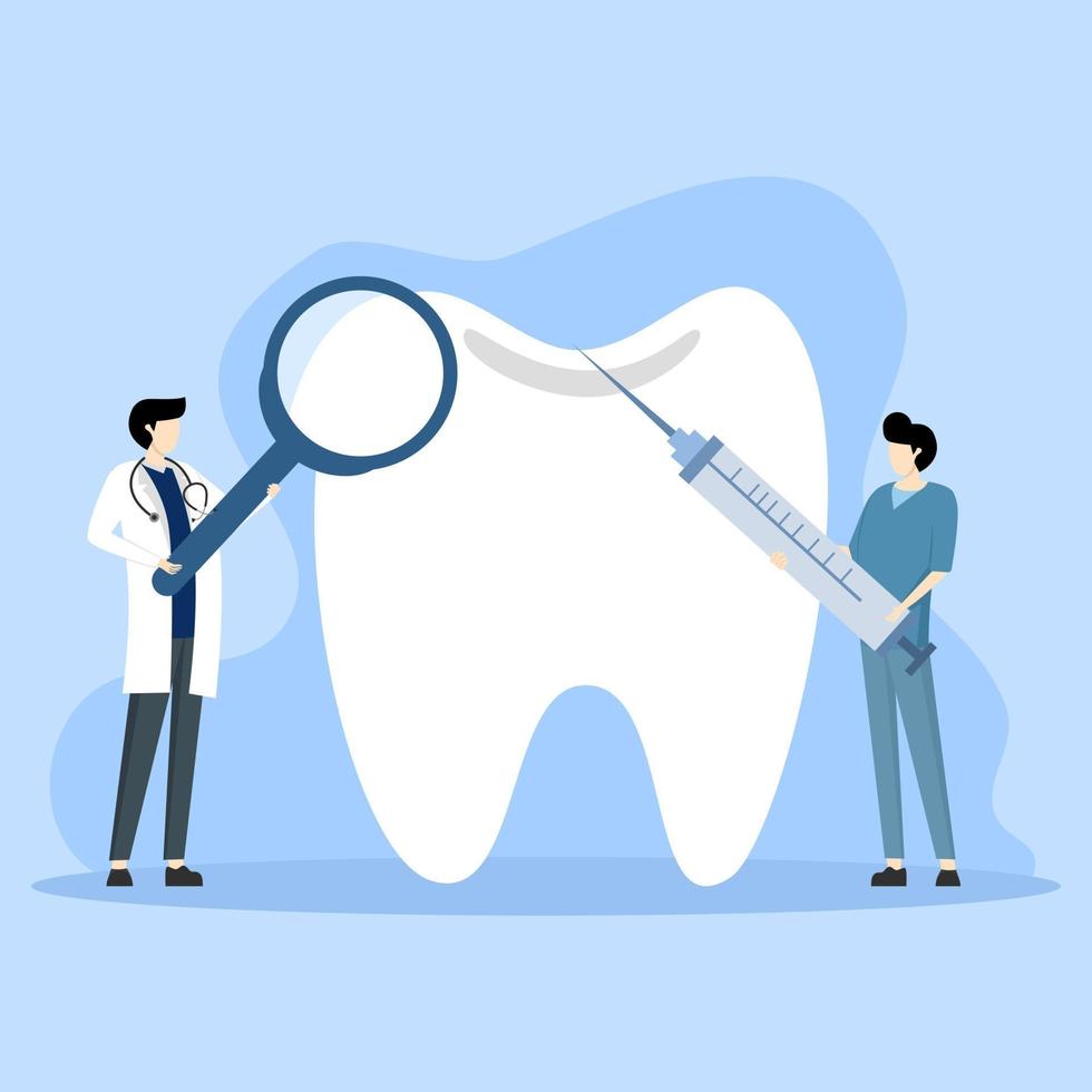 odontología examen concepto. dentista y enfermero trabajando juntos en dental clínica. médico personal en estomatología centrar examinando paciente dientes. plano dibujos animados vector ilustración.