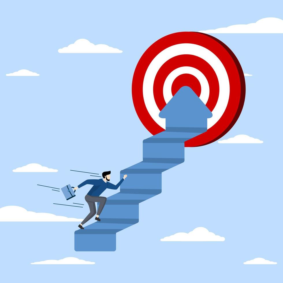 achievement or growth, challenge and motivation for success concept, Achieving target or progress to achieve goals, career steps to success, businessman climbing ladder with arrows as a way to achieve vector