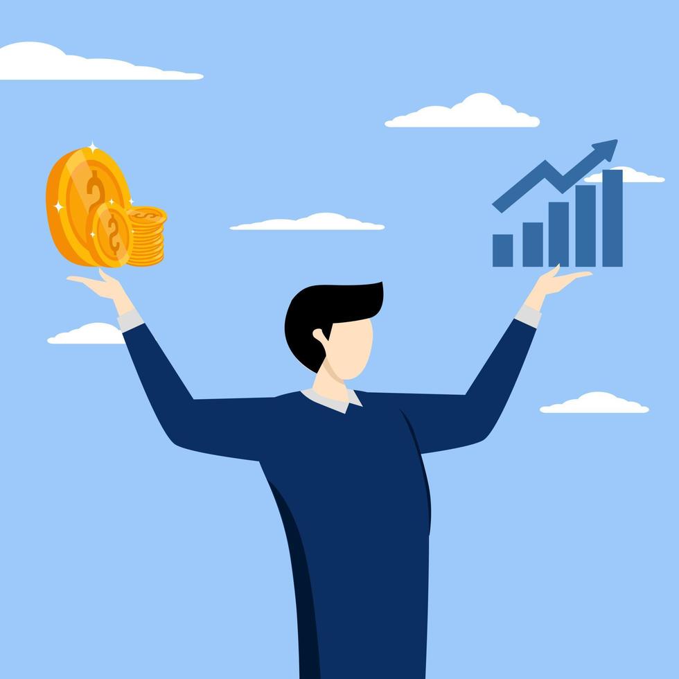 comparison between investment styles, professional choosing assets to earn or profit in market concept, Value stock vs growth stock, businessman comparing value and growth stock in his hand. vector