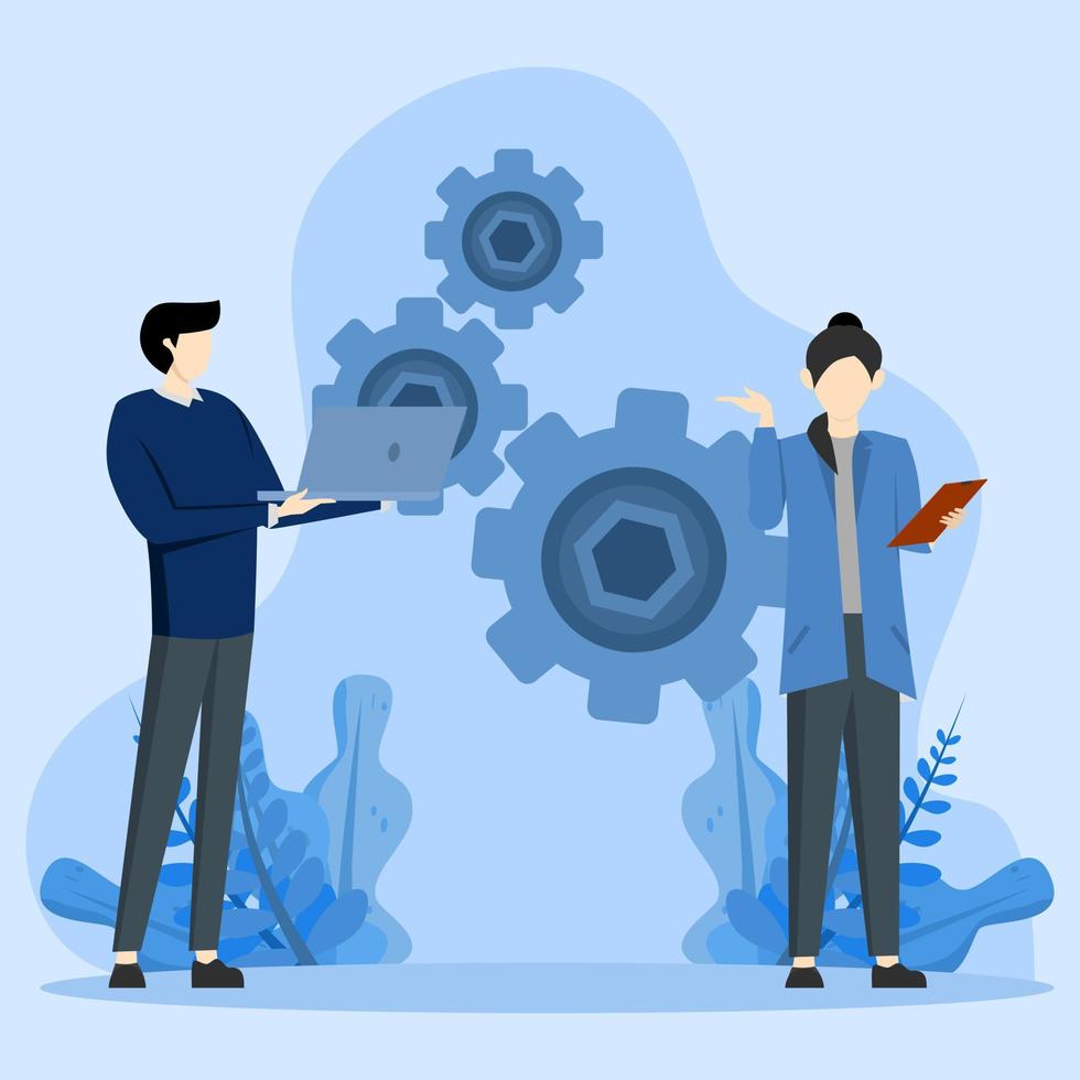 Modern innovation business meeting vector illustration, teamwork concept, gears, gears, mechanic, work plan, collaboration between businessmen. Business meeting and brainstorming. concept for teamwork