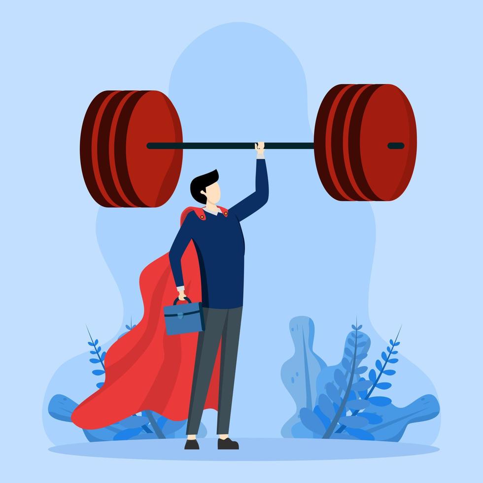 Business Power, career challenges or winning skills with strong leadership concept, strong power to finish job and success, strong businessman hero showing his strength by easily lifting heavy weight. vector