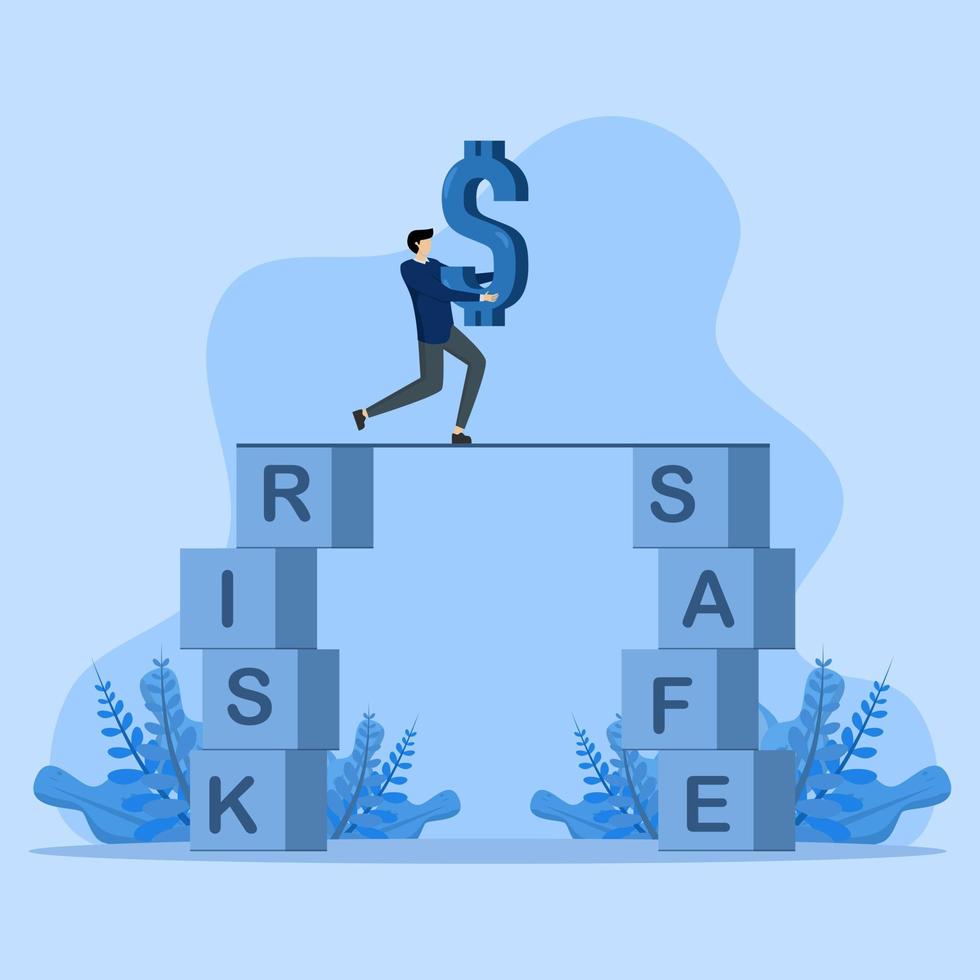 save finance concept from risk, risk management, Take risk or safety concept, businessman balancing dollar sign and away from risk to safety vector