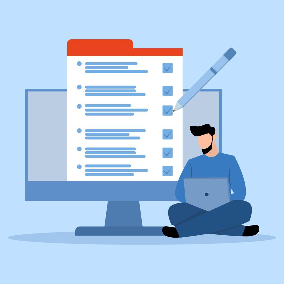 Online exam concept, checklist and pencil, exam, choose answer, questionnaire form, education concept, male character completing a questionnaire task, vector flat illustration