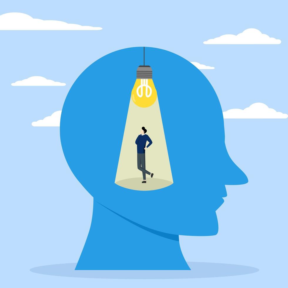 Smart thinking, creative mindset or emotional intelligence, smart thinking or psychology concept of wisdom or intuition in genius brain, smart businessman turning on light bulb idea in his genius head vector