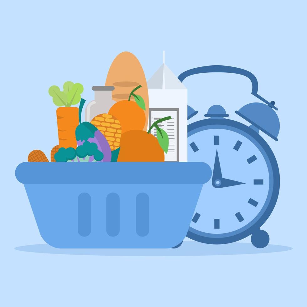 food delivery concept, complete grocery cart, supermarket special offer, food buying and delivery, food in shopping cart with clock as delivery time, illustration. flat vector. vector