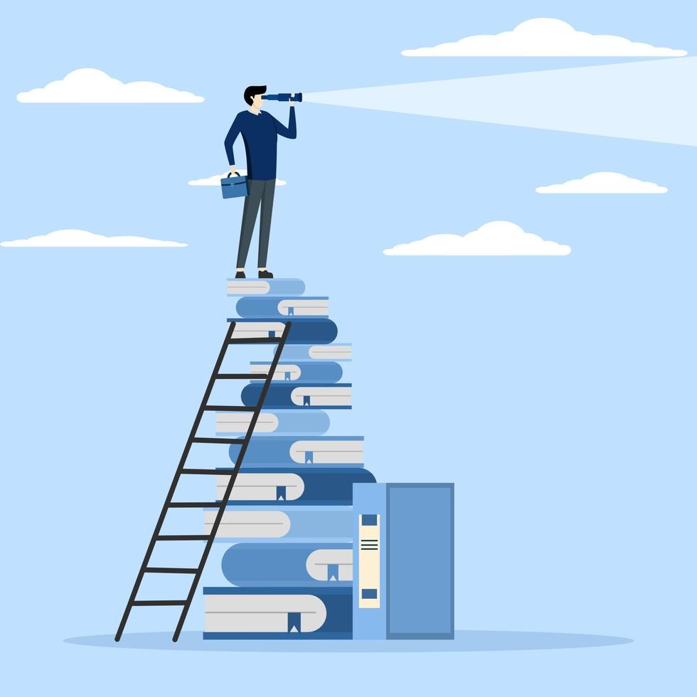 Studying or learning helps to achieve goals and success, motivation or ambition to learn new skills, business education concept, smart businessman climbing on a stack of books to see the future. vector