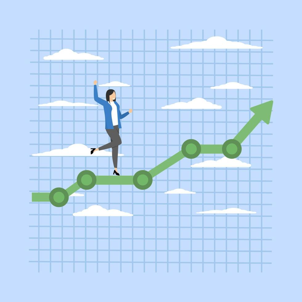 prediction concept, Profit growth, economic uptrend or investment growth, increase or growth graph, cheerful woman with graph pointing up and rising financial graph. vector