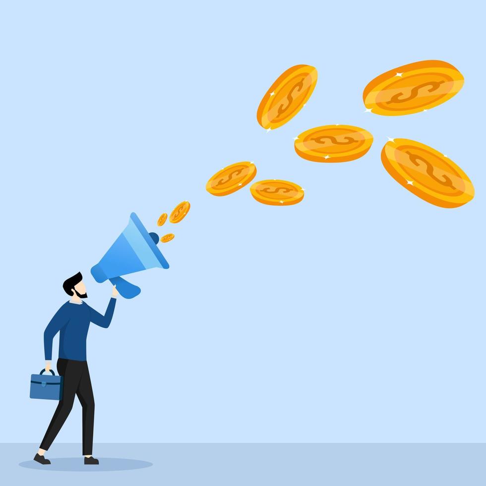 advertising concept, spending capital to do advertising, Businessman holding megaphone and shouting and gold coins flying out of megaphone, flat design illustration vector