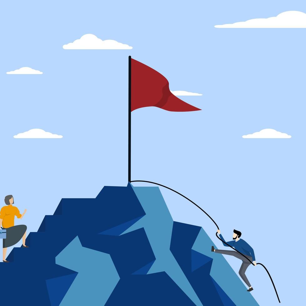 Easy and hard way to success, choose the road to success, concept of how to achieve business goal, journey to reach target or complete mission, businessman compete easy and hard way to climb mountain. vector