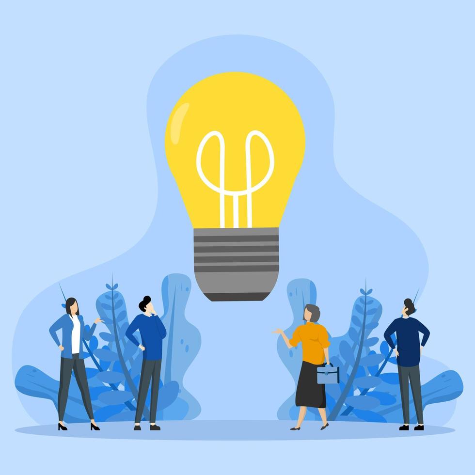 business concept for teamwork, business meeting and brainstorming, looking for new solutions, people looking at big light bulb for ideas. Flat vector illustration