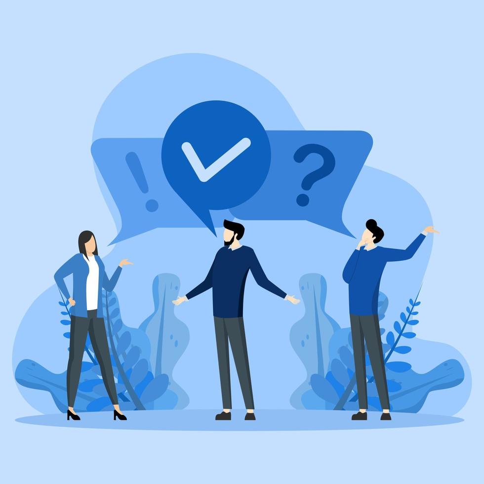 FAQ, business advice or help and support service, questions and answers, problem solving solutions, communication or team brainstorming concept, people asking questions and answers to solve problems. vector