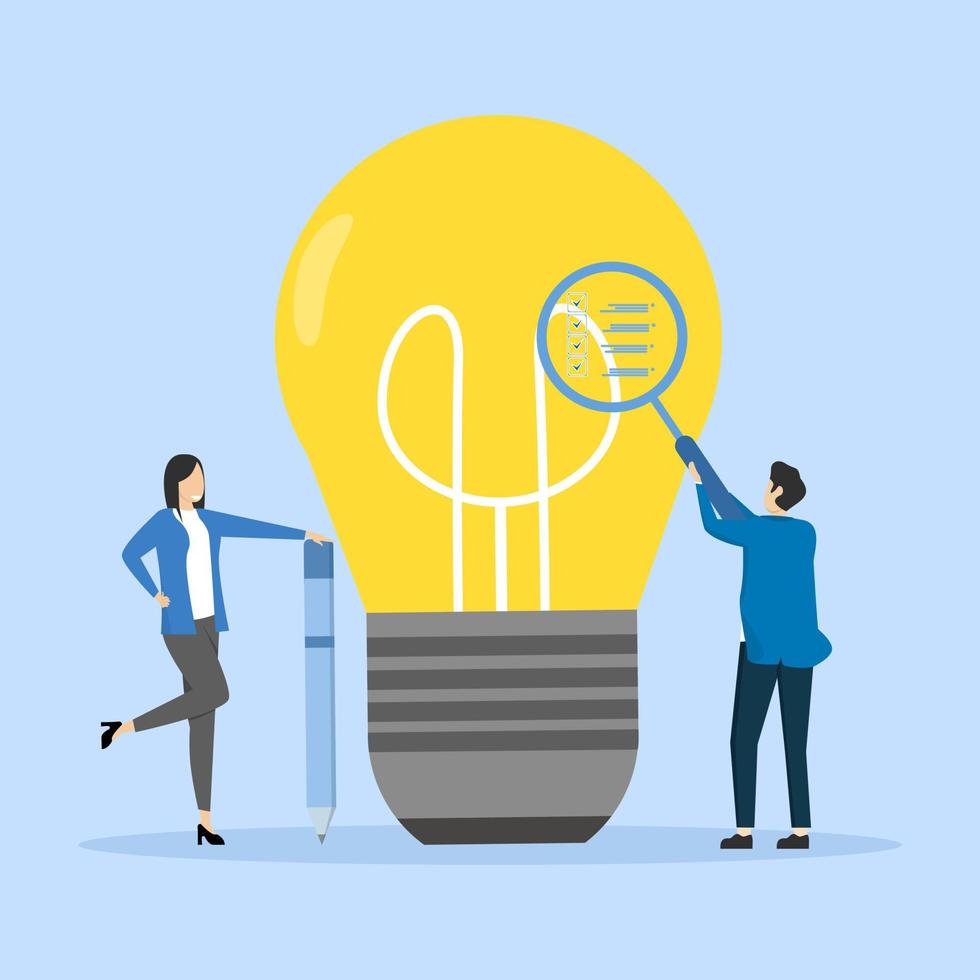 Business feasibility check, evaluate profitable business idea, market research to see possible real world success, businessman with magnifying glass analyzing light bulb idea. vector