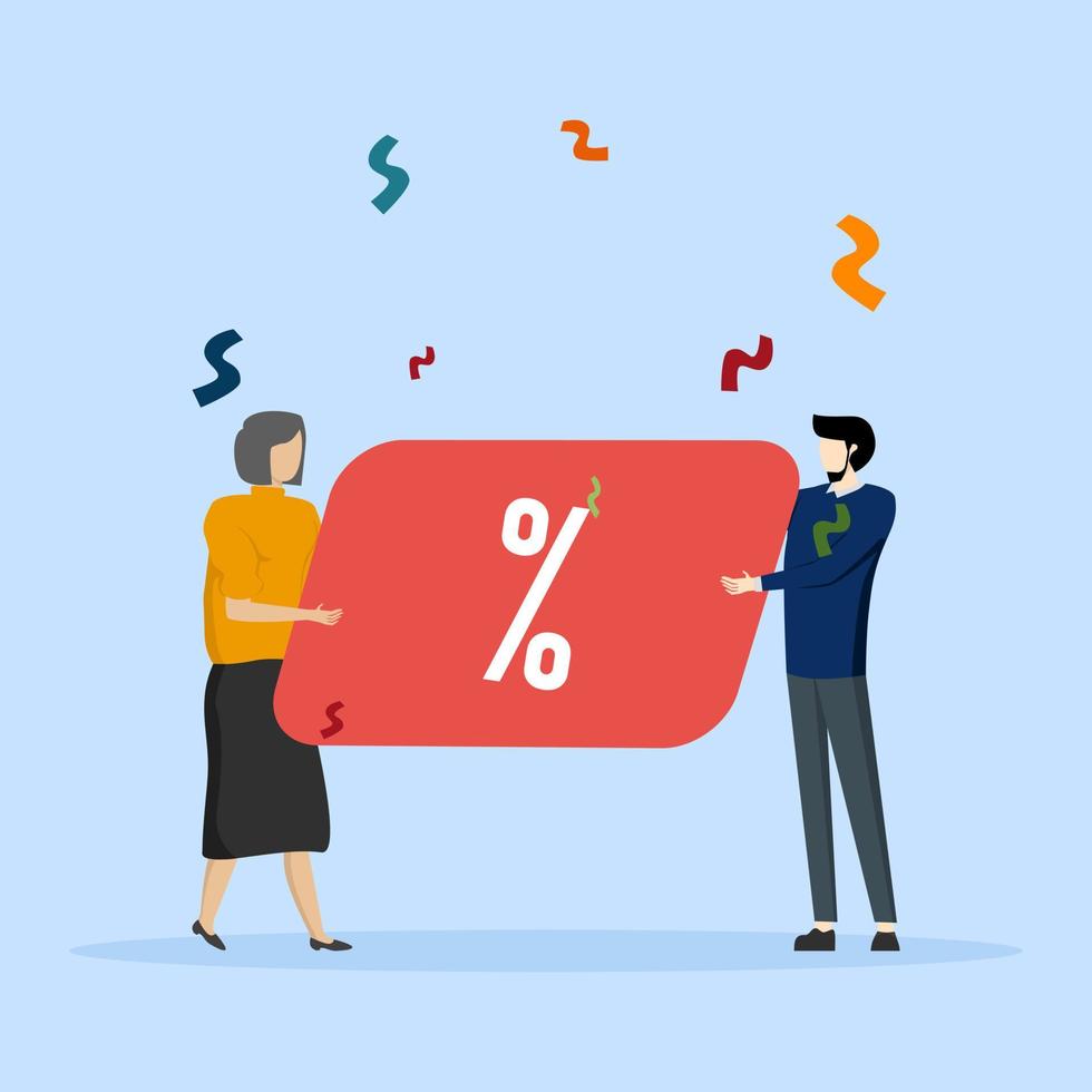 Girl and guy take a discount card. Discounts, holiday, benefit. Flat illustration Icons infographics. Landing page site print poster. vector