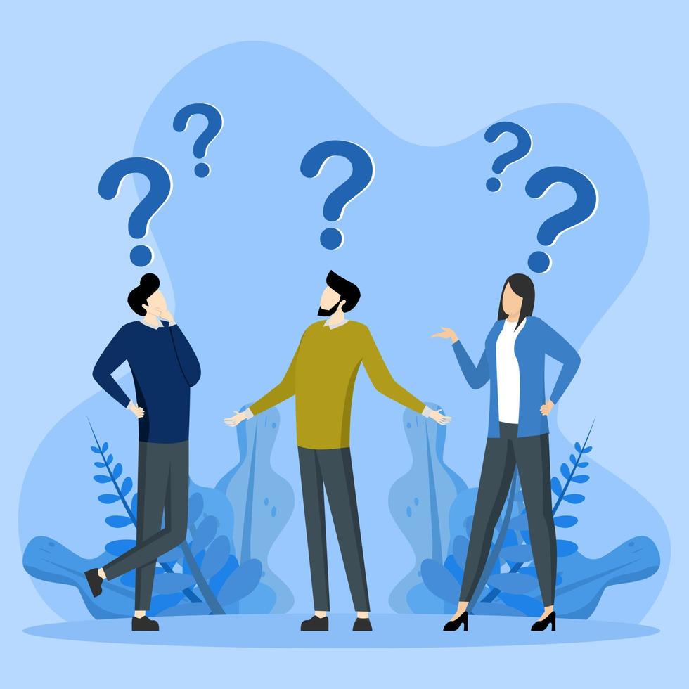 tricky question or misunderstanding concept, People confused with confusion or doubt problem, lost in problem or complex, businessman and entrepreneur with many confusing question marks. vector