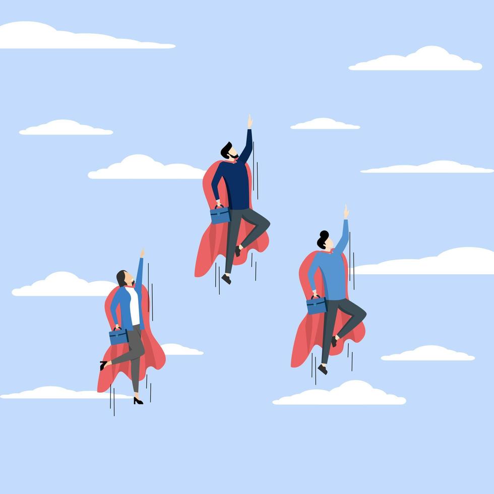 teamwork or union, professional people to help business success, strength or team support concept, superpowers to develop business fast, business team members superhero flying high in the sky. vector