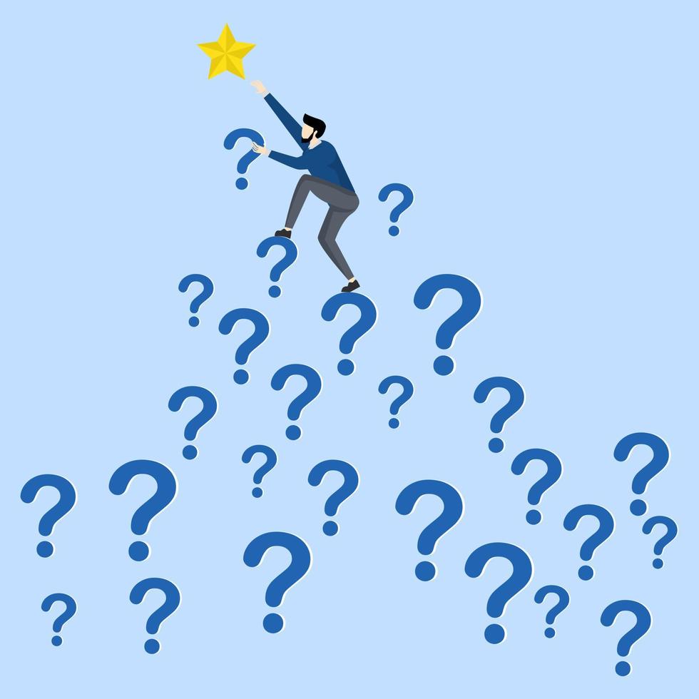 looking for a way out of a problem, a question to reach a goal,Businessman climbs a question mark to reach a star, Solve a problem to reach a goal, flat vector illustration