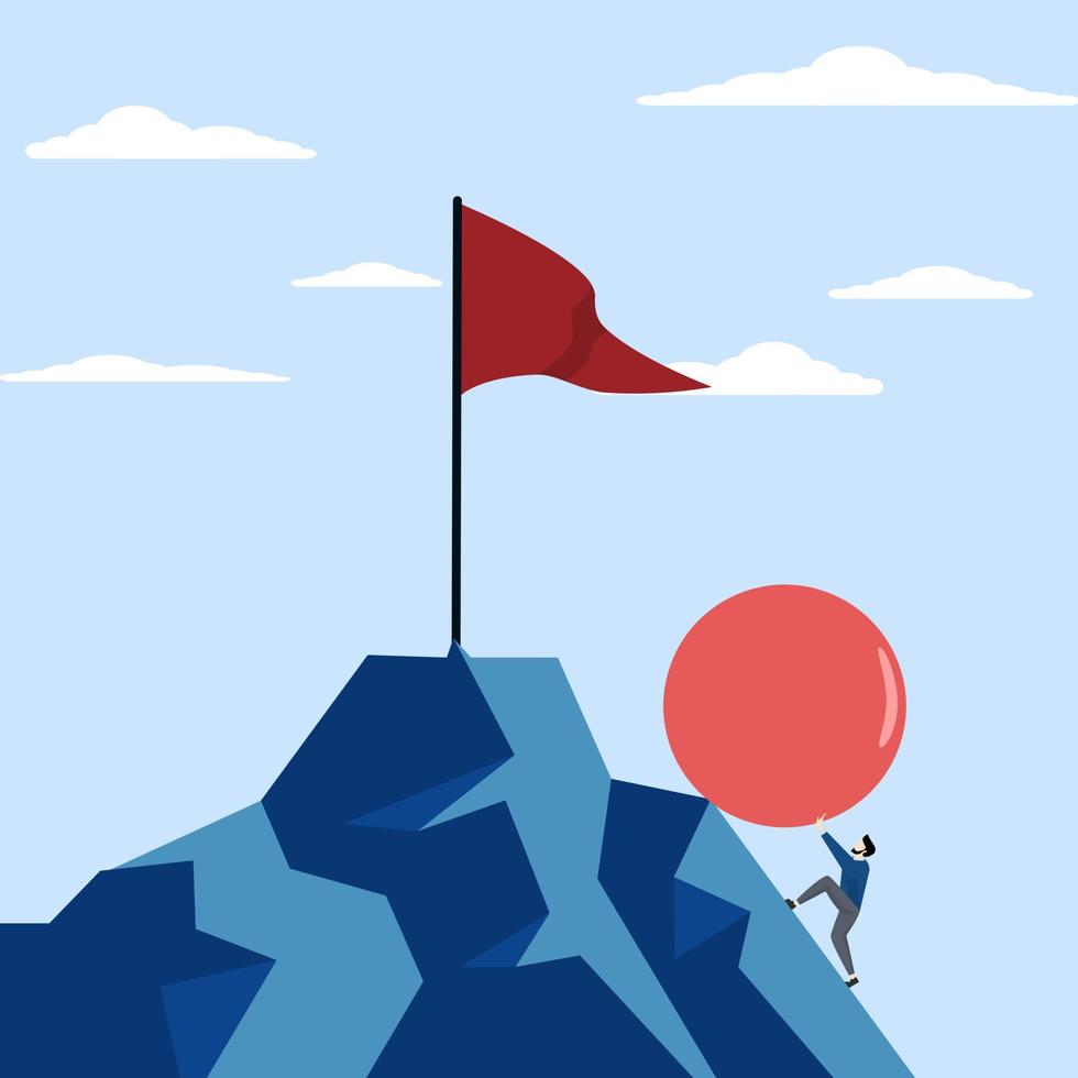 concept of hard work, burden or obstacle, business difficulty, struggle, challenge to success, motivation or persistence concept, businessman pushing rock uphill all the way to the top of the mountain vector