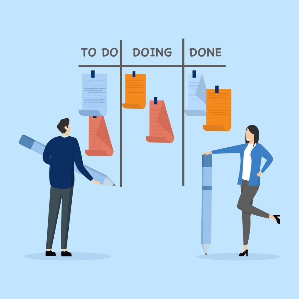 en marcha y terminado tareas, proyecto administración o planificación para producción concepto, revisión trabajo Progreso en Kanban junta, tarea lista, negocio personas revisión proyecto Progreso en Kanban tablero. vector