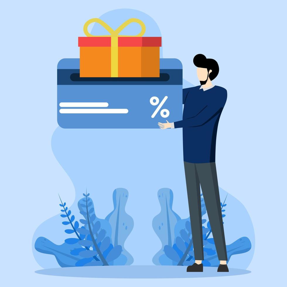 Gift card, Discount and loyalty card concept, loyalty program, earn points, perks concept, Man standing with discount card customer service, loyalty program, gift box, bonus or gift. Flat illustration vector