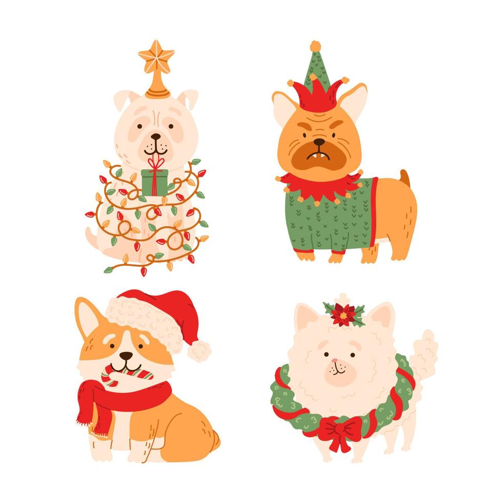 conjunto de personajes de dibujos animados de perros de navidad. lindos  perros de diferentes razas vestidos con trajes navideños con adornos  navideños. invierno, ilustración vectorial festiva de año nuevo. 20150850  Vector en