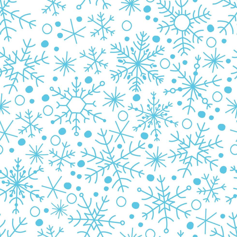 copo de nieve azul simple dibujado a mano vector patrón sin costuras. año nuevo, textura de navidad, nieve de invierno, cristal de hielo congelado, símbolo de escarcha de navidad