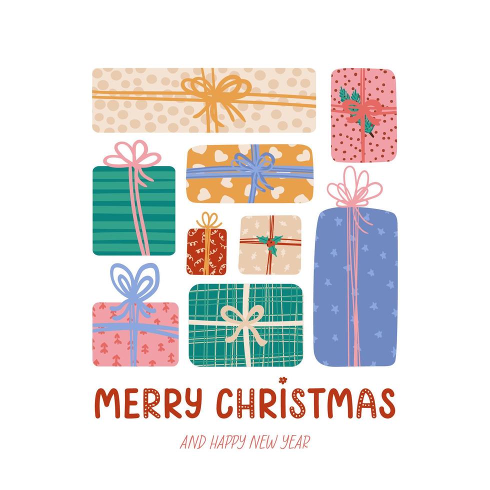 Gift Boxes with Ribbon and bows different shapes and sizes. Big pile of presents in festive wrapping paper for Christmas holiday or New Year. Sale, shopping concept. Vector illustration