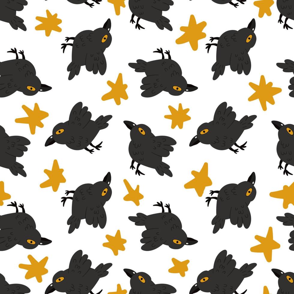 Crow, magical flying bird and star vector seamless pattern. Halloween black raven texture.