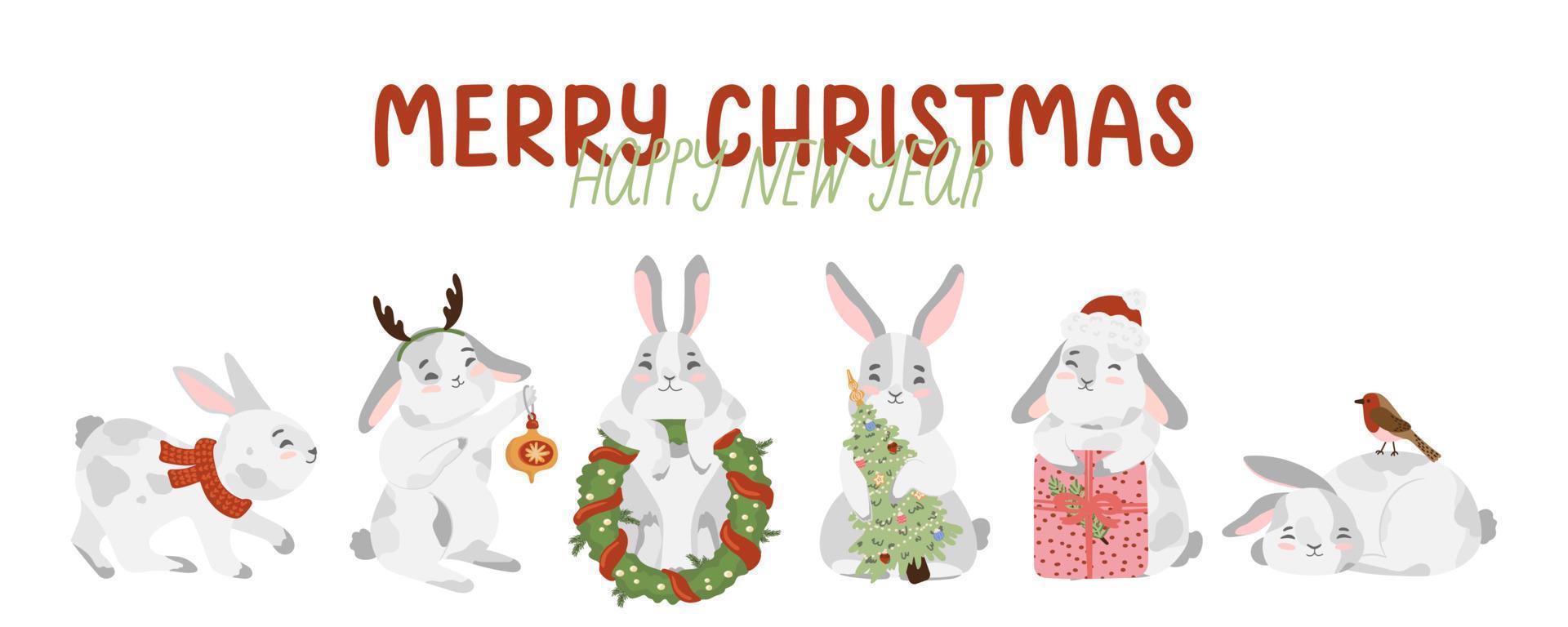 Christmas rabbit, bunny, hare collection with advent wreath, gift box, present, santa hat, christmas tree, red scarf, christmas decorations deer antler, bubble, robin bird. Happy new year 2023 banner vector