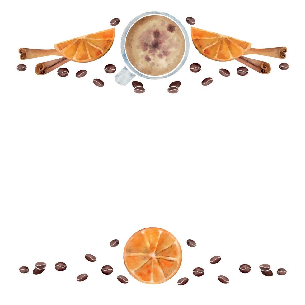 Watercolor hand drawn border frame with coffee cups, beans, orange slices, juice drops, cinnamon stick. Isolated on white background. For invitations, cafe, restaurant food menu, print, website, cards vector