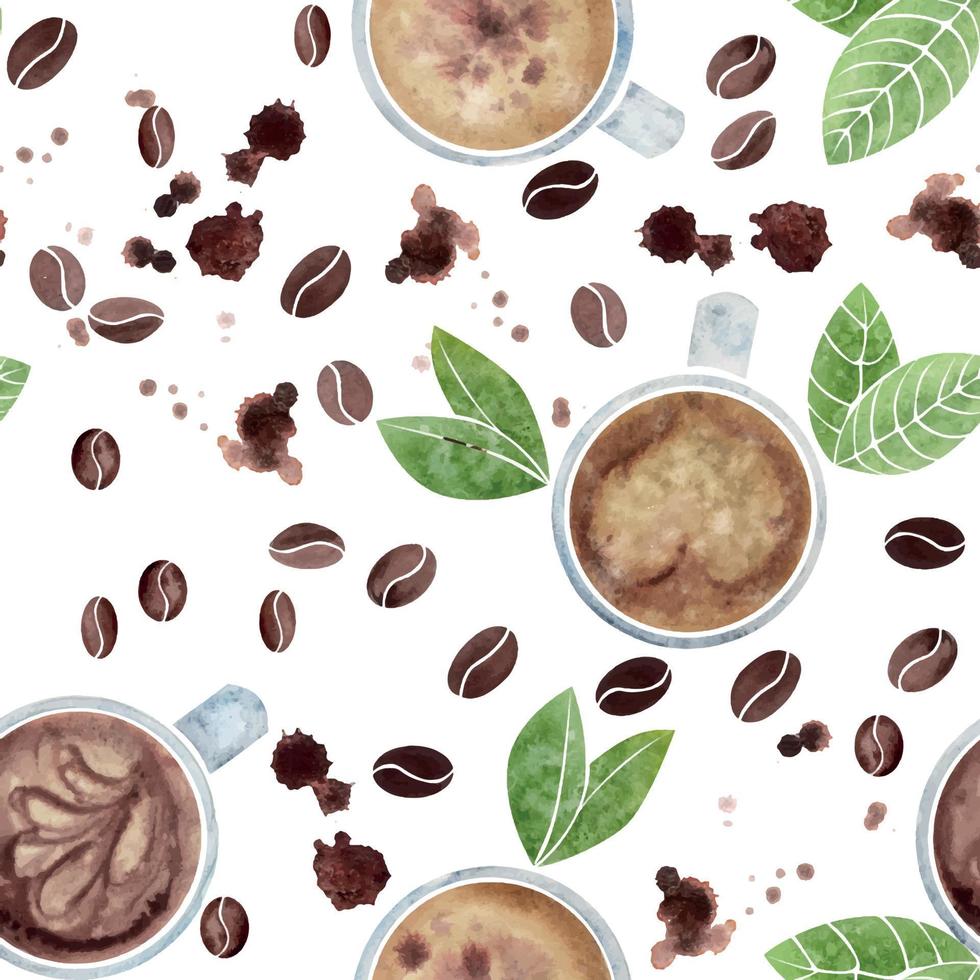 Watercolor hand drawn seamless pattern with coffee cups, beans, leaves, stains and splashes. Isolated on white background. For invitations, cafe, restaurant food menu, print, website, cards vector