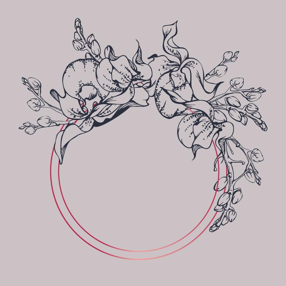 Hand drawn vector ink orchid flowers and branches, monochrome, detailed outline. Circle wreath composition. Viva magenta color. Design for wall art, wedding, print, tattoo, cover, card.