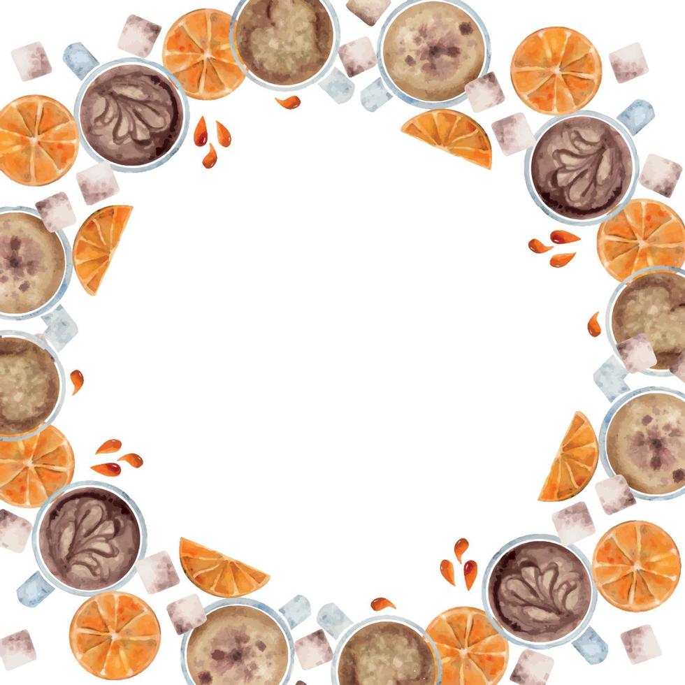 Watercolor hand drawn circle frame wreath with coffee cups, sugar cubes, orange drops and slices. Isolated on white background. For invitations, cafe, restaurant food menu, print, website, cards vector