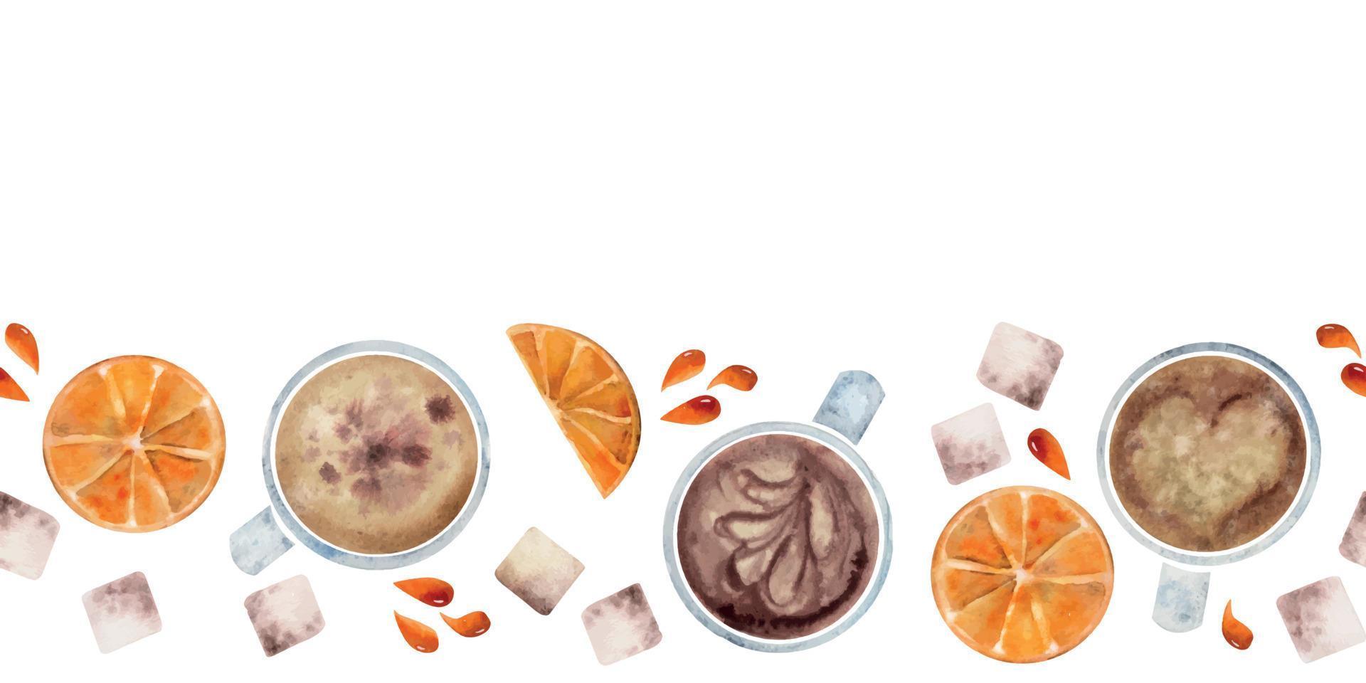 Watercolor hand drawn horizontal seamless banner with coffee cups, sugar cubes, orange slices. Isolated on white background. For invitations, cafe, restaurant food menu, print, website, cards vector