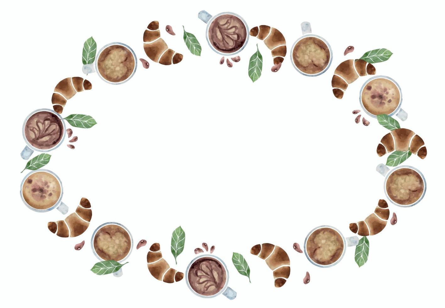 Watercolor hand drawn circle frame wreath with capuccino coffee cups, leaves, beans, croissants. Isolated on white background. For invitations, cafe, restaurant food menu, print, website, cards vector