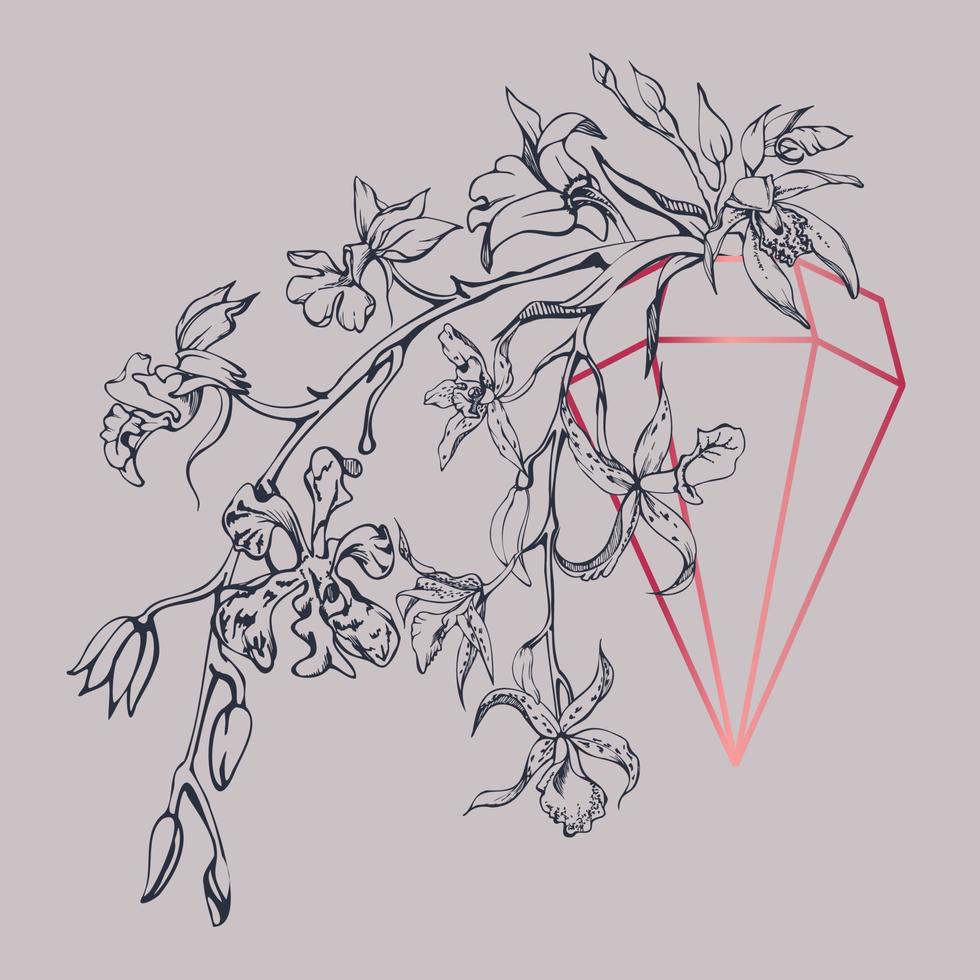 Hand drawn vector ink orchid flowers and branches, monochrome, detailed outline. Composition with crystal form. Viva magenta color. Design for wall art, wedding, print, tattoo, cover, card.