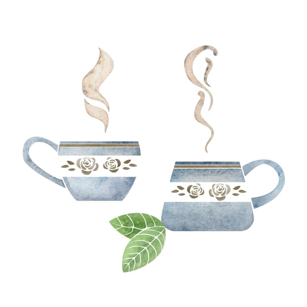 composición acuarela dibujada a mano con tazas de café capuchino de porcelana, hojas, arte de espuma, vista superior. aislado sobre fondo blanco. para invitaciones, cafetería, menú de restaurante, impresión, sitio web, tarjetas vector