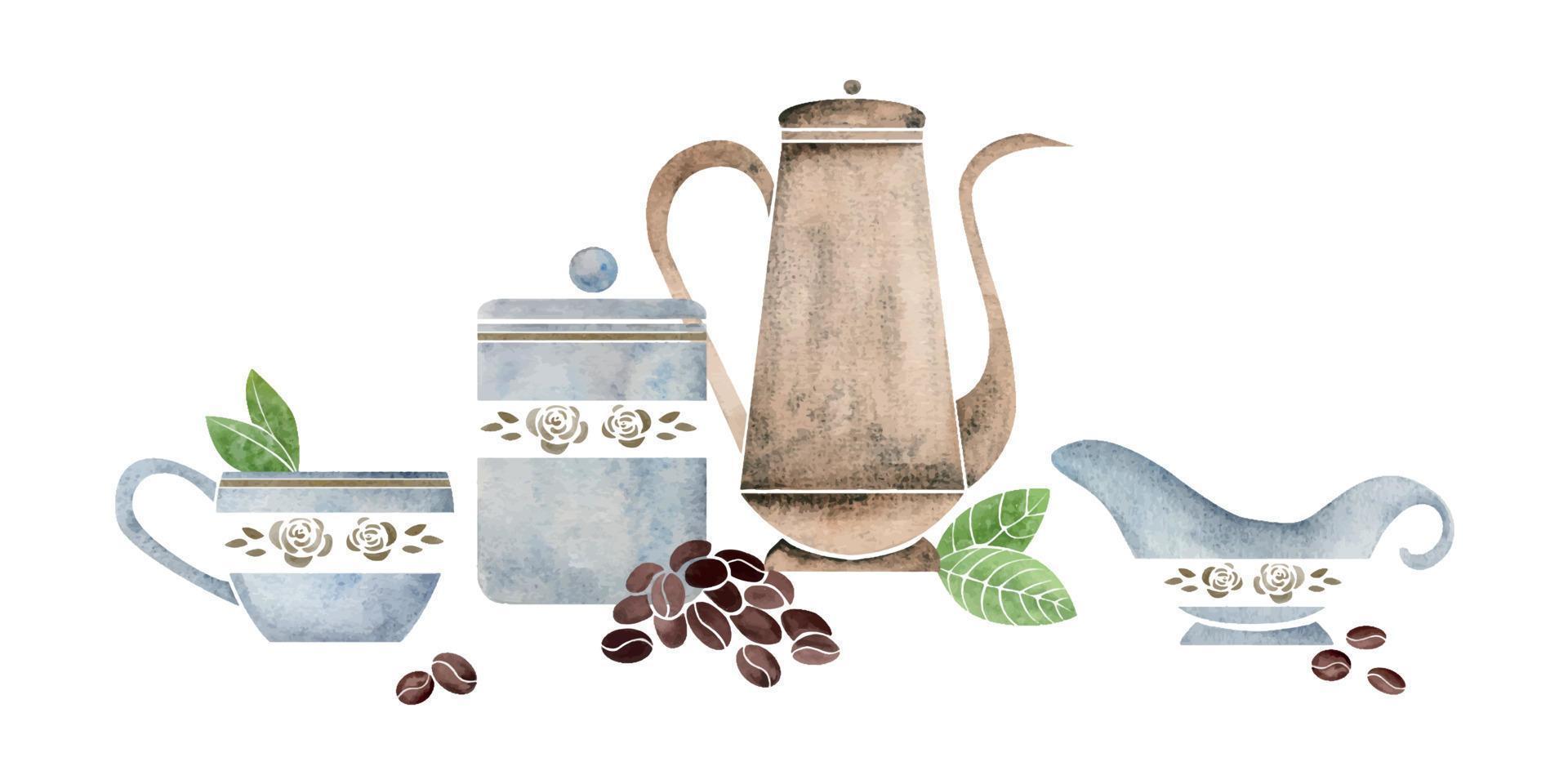 Watercolor hand drawn composition with copper coffee pot and porcelain cups, creamer, leaves, beans. Isolated on white background. For invitations, cafe, restaurant food menu, print, website, cards vector