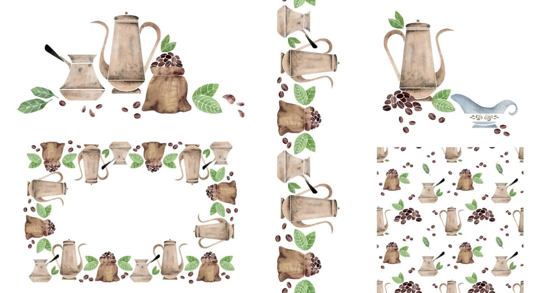 Watercolor hand drawn set of compositions with coffee cups, pots, beans, leaves, croissant, dishes. Isolated on white background. For invitations, cafe, restaurant food menu, print, website, cards vector