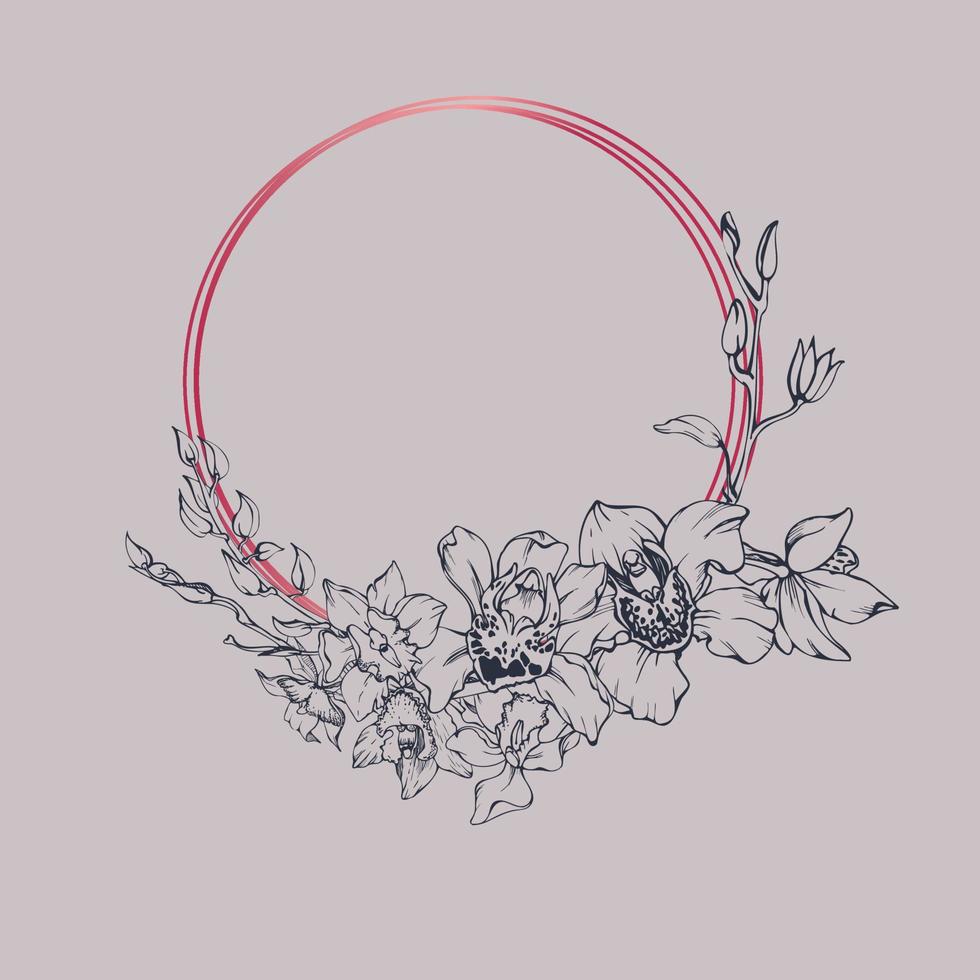 Hand drawn vector ink orchid flowers and branches, monochrome, detailed outline. Circle wreath composition. Viva magenta color. Design for wall art, wedding, print, tattoo, cover, card.