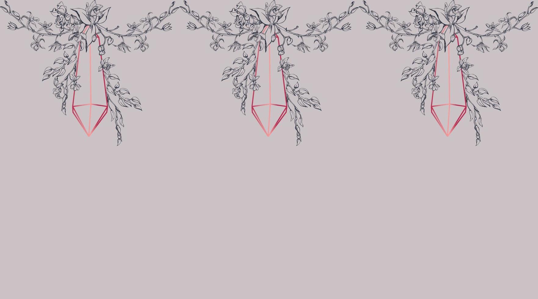 Hand drawn vector ink orchid flowers and branches, monochrome, detailed outline. Horizontal seamless banner. Viva magenta color. Design for wall art, wedding, print, tattoo, cover, card.