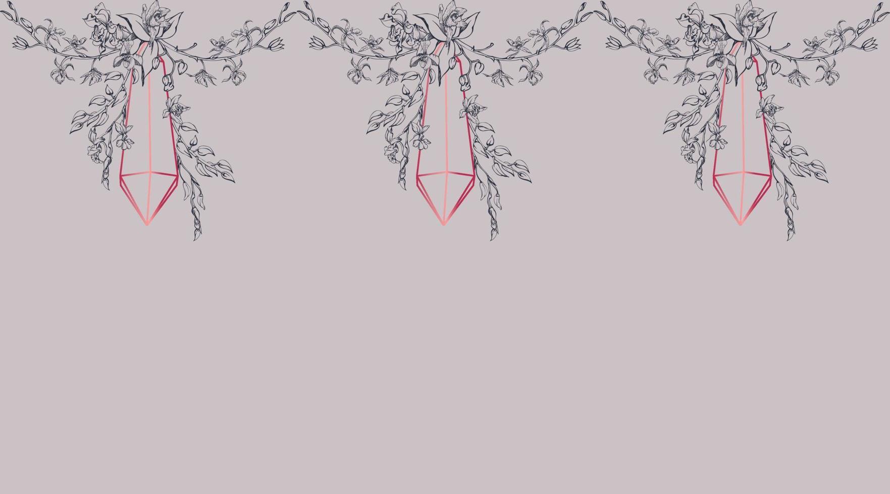 Hand drawn vector ink orchid flowers and branches, monochrome, detailed outline. Horizontal seamless banner. Viva magenta color. Design for wall art, wedding, print, tattoo, cover, card.