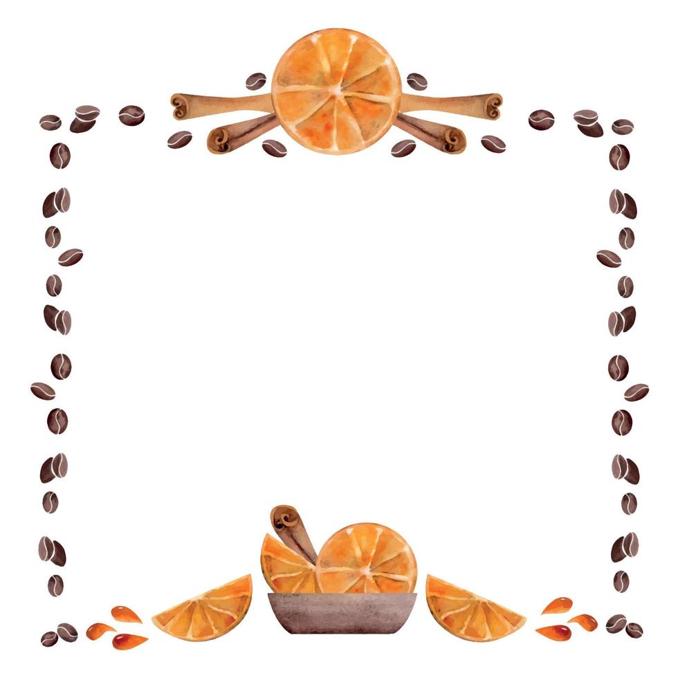 Watercolor hand drawn border frame with coffee cups, beans, orange slices, juice drops, cinnamon stick. Isolated on white background. For invitations, cafe, restaurant food menu, print, website, cards vector